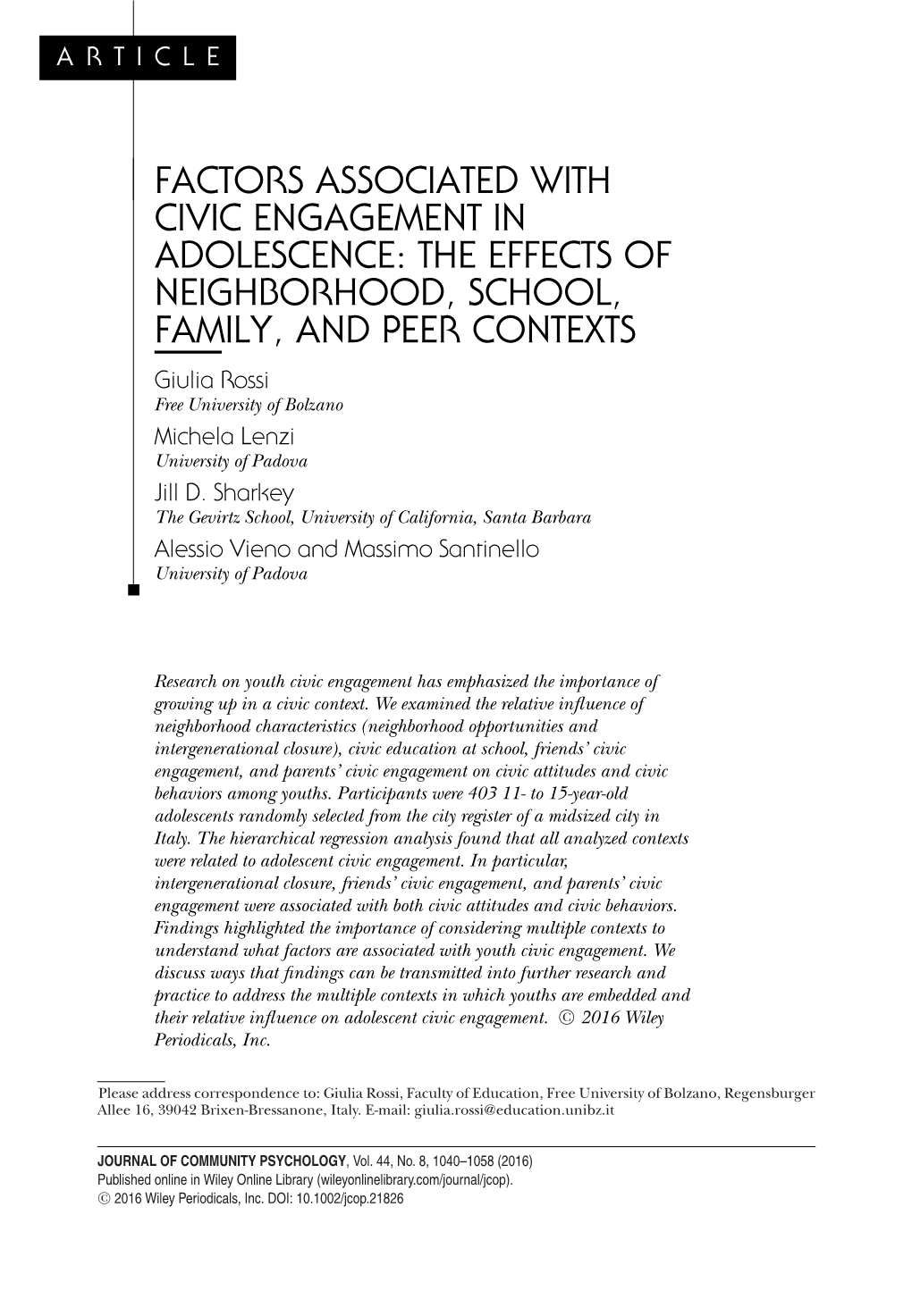 Factors Associated with Civic Engagement in Adolescence