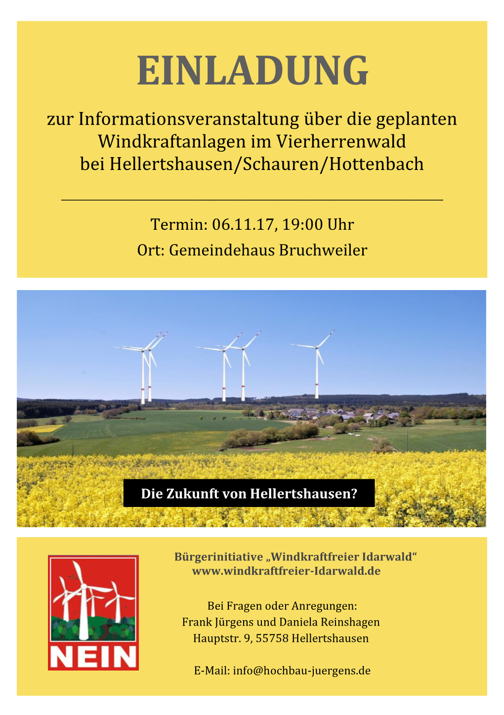 EINLADUNG Zur Informationsveranstaltung Über Die Geplanten Windkraftanlagen Im Vierherrenwald Bei Hellertshausen/Schauren/Hottenbach