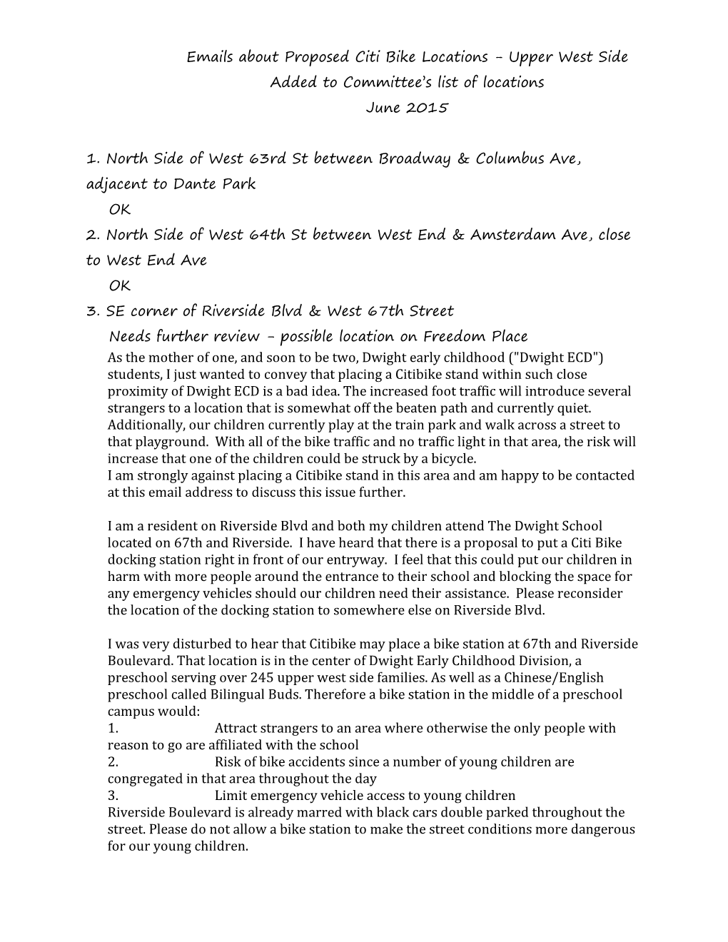 Emails About Proposed Citi Bike Locations - Upper West Side Added to Committee’S List of Locations June 2015