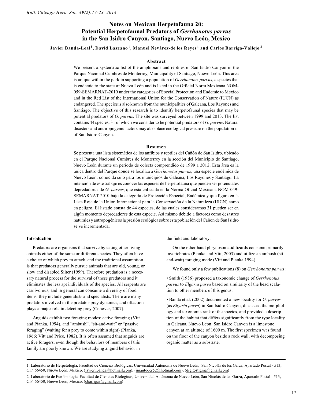 Potential Herpetofaunal Predators of Gerrhonotus Parvus