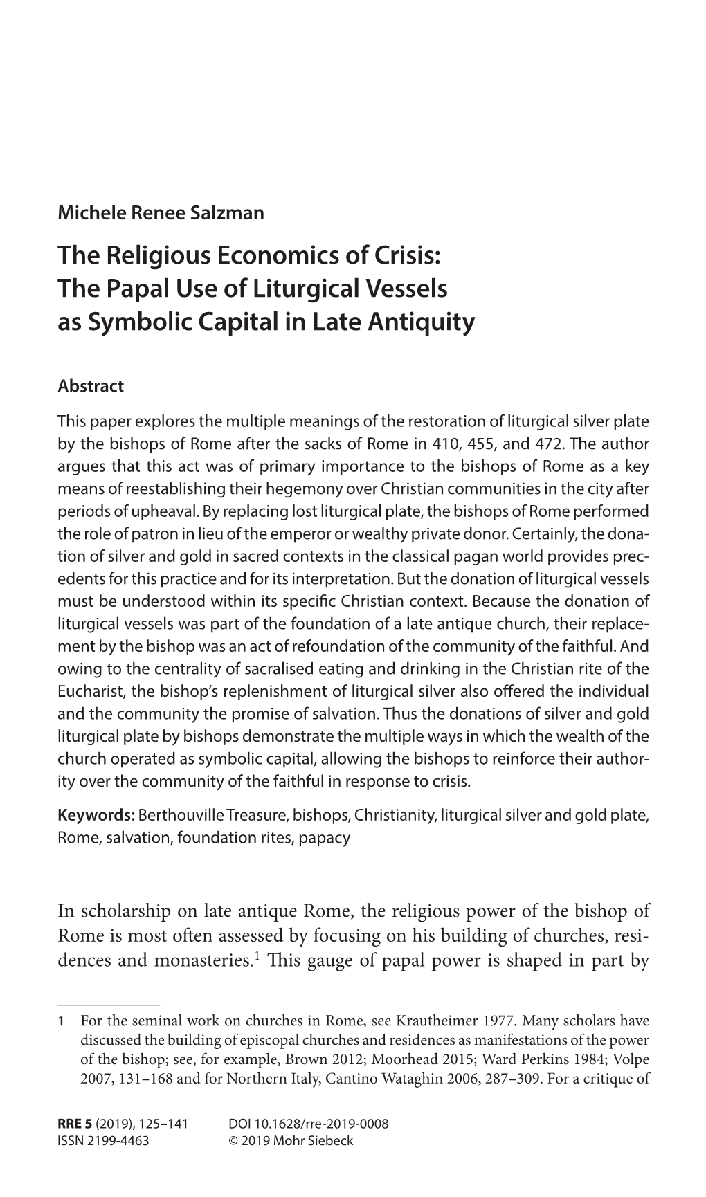 The Religious Economics of Crisis : the Papal Use of Liturgical Vessels