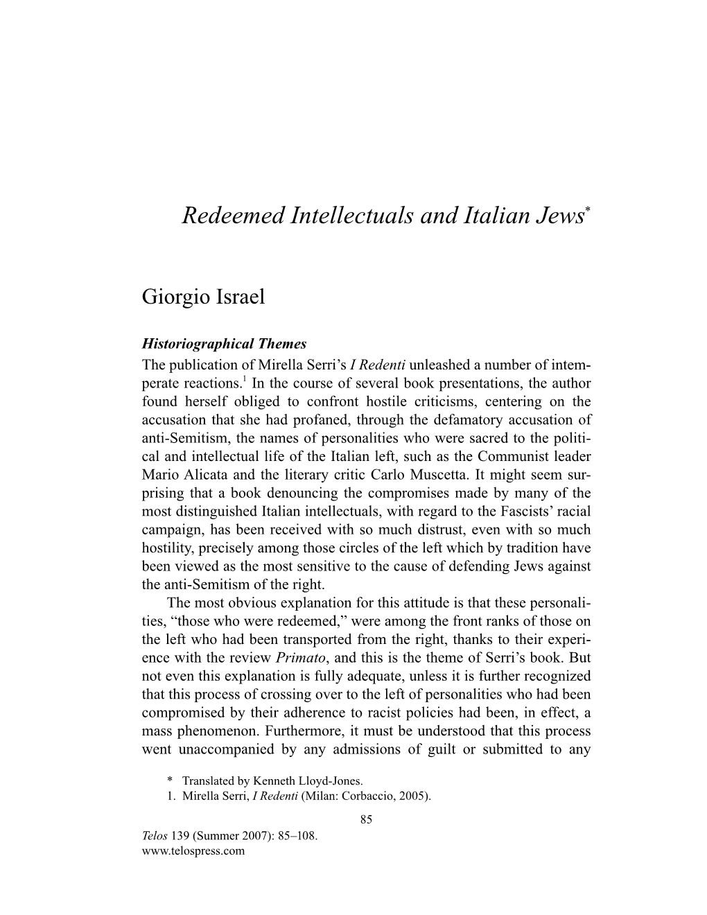 Redeemed Intellectuals and Italian Jews*