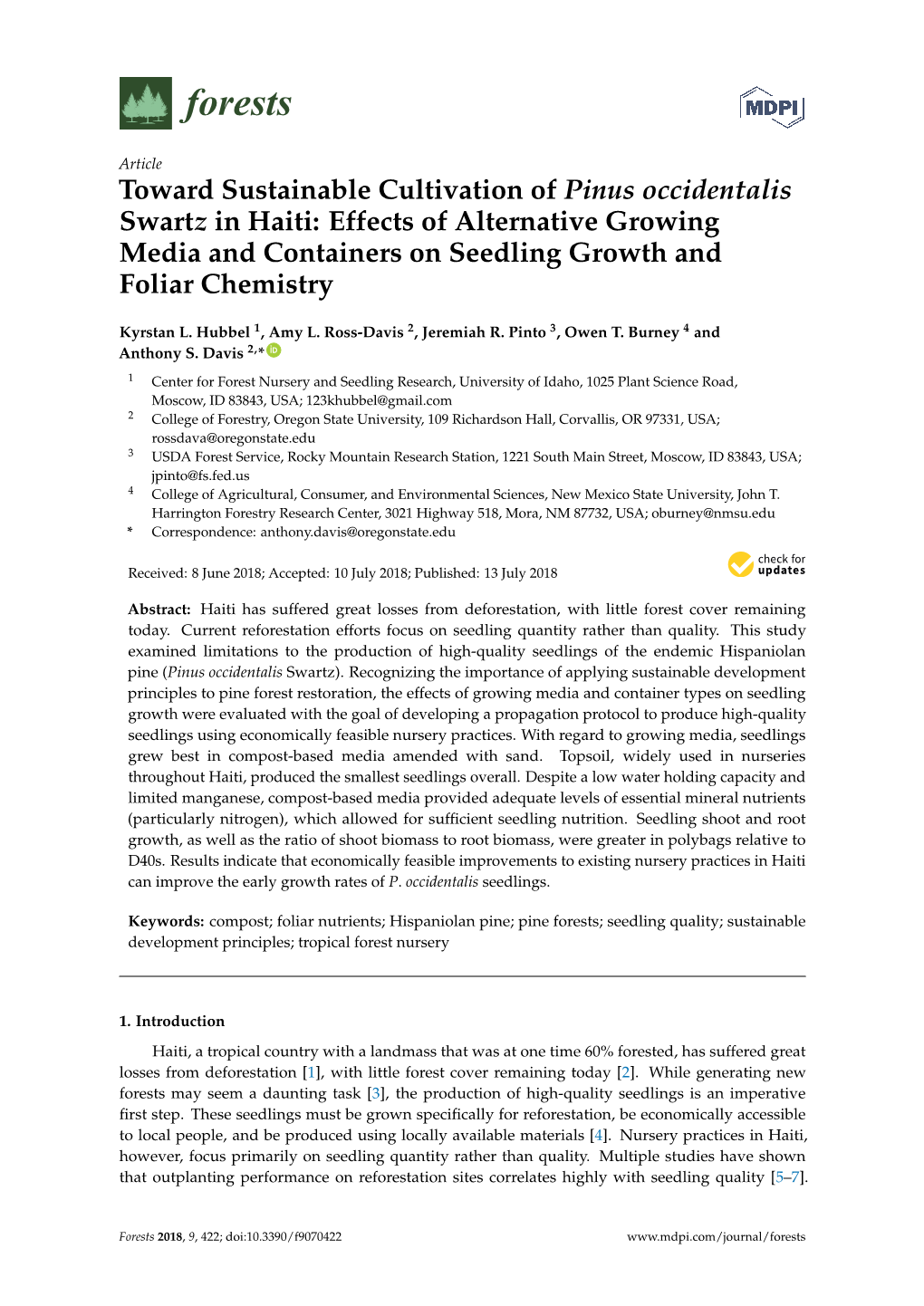 Toward Sustainable Cultivation of Pinus Occidentalis Swartz in Haiti: Effects of Alternative Growing Media and Containers on Seedling Growth and Foliar Chemistry