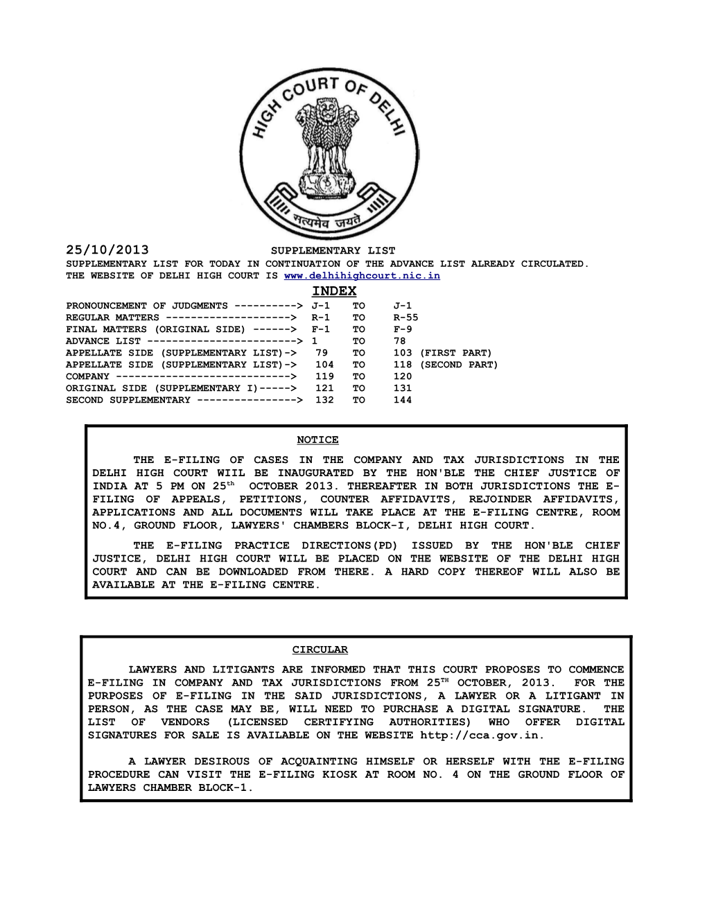 Supplementary List Notice the E-Filing of Cases in The