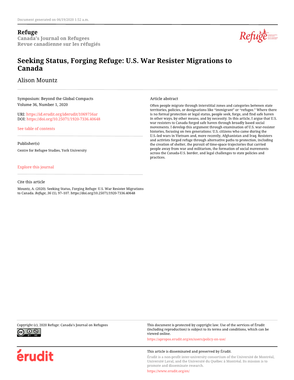 US War Resister Migrations to Canada