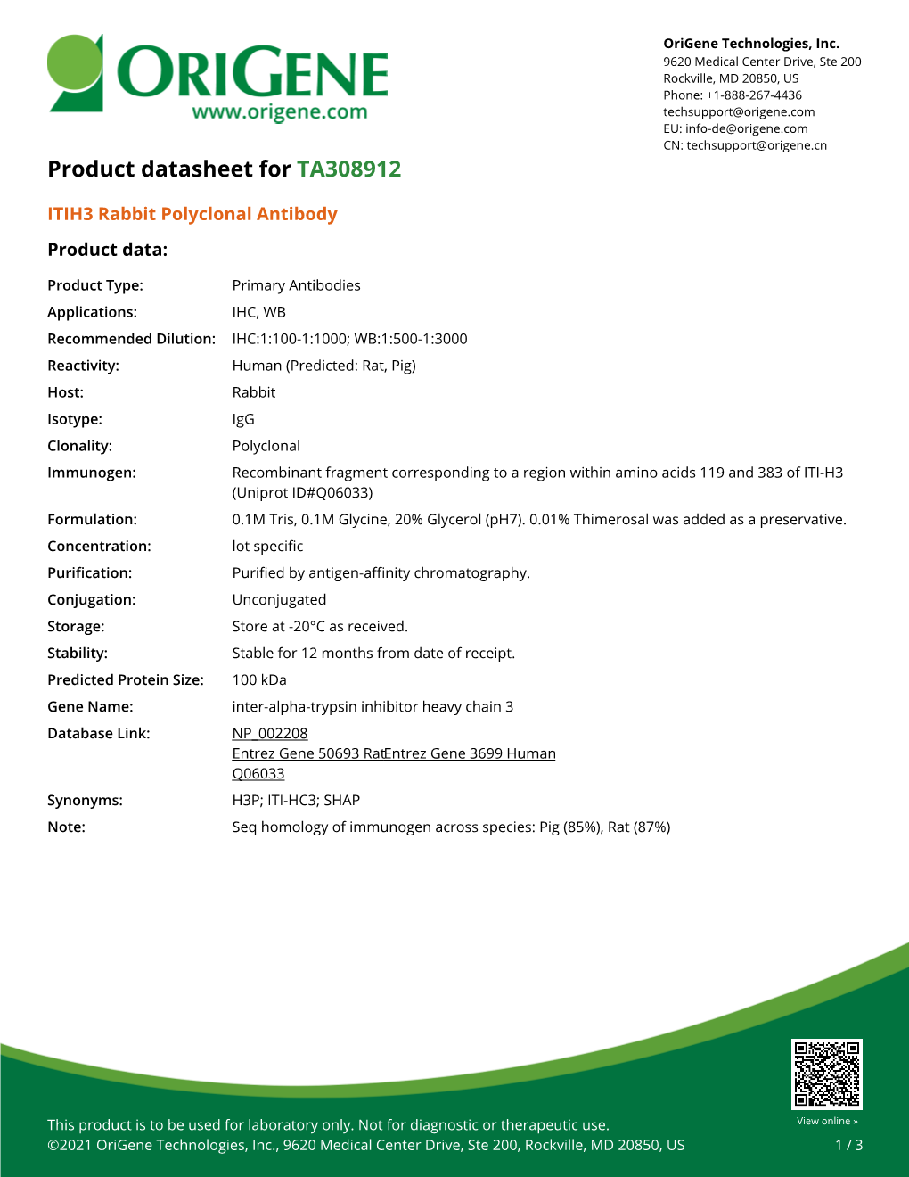 ITIH3 Rabbit Polyclonal Antibody – TA308912 | Origene