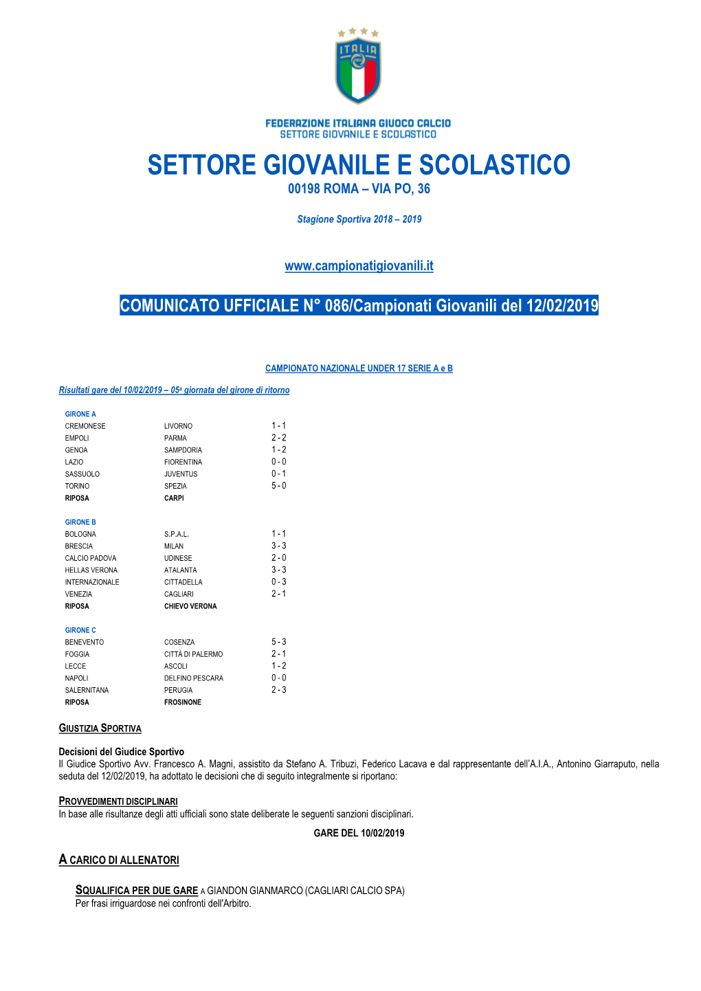Settore Giovanile E Scolastico 00198 Roma – Via Po, 36
