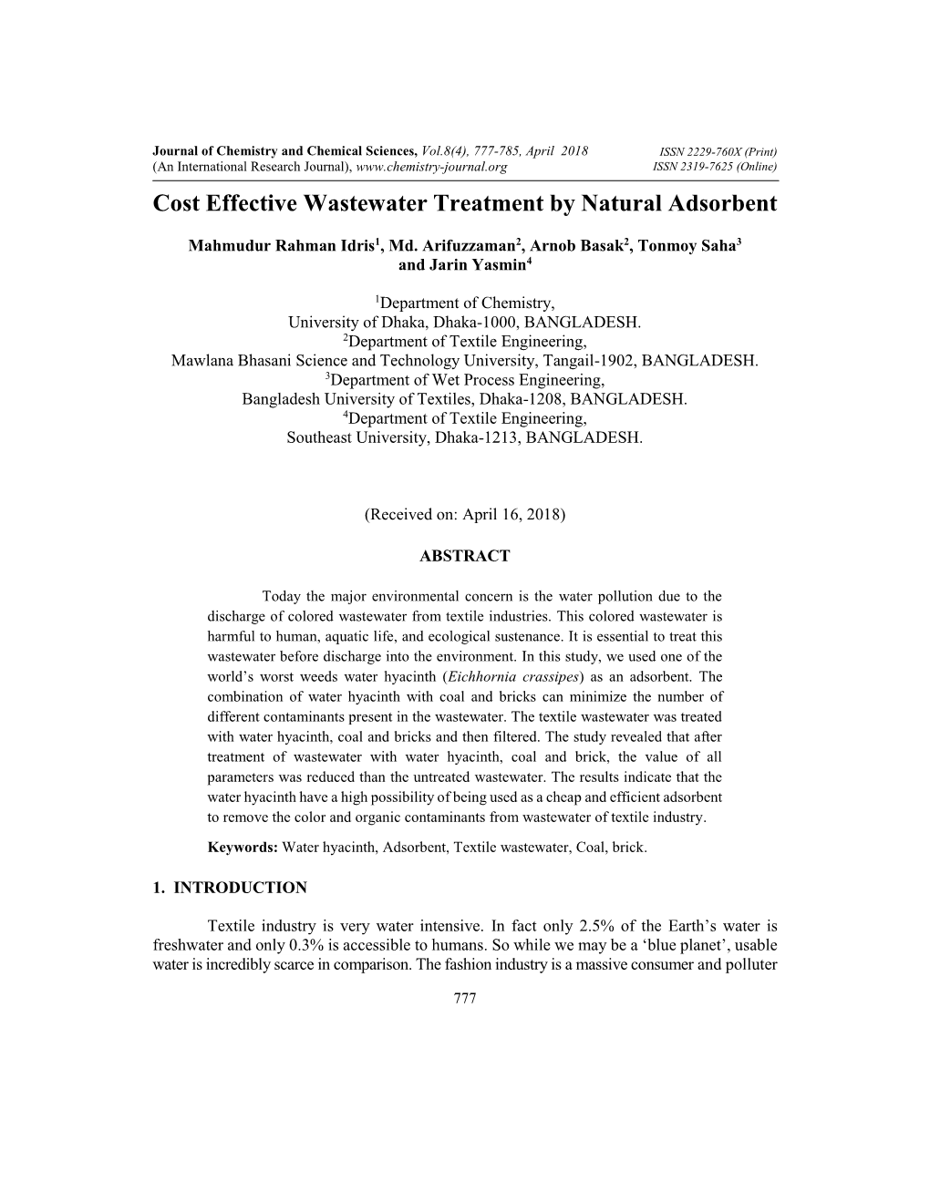 Cost Effective Wastewater Treatment by Natural Adsorbent