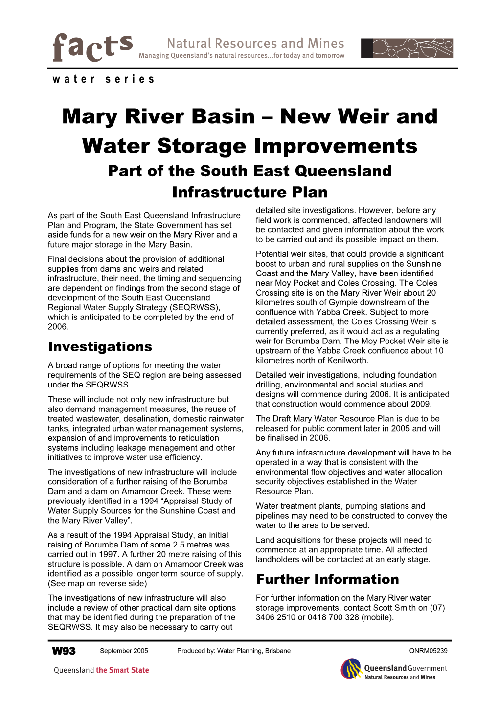 Mary River Basin – New Weir and Water Storage Improvements Part of the South East Queensland Infrastructure Plan Detailed Site Investigations