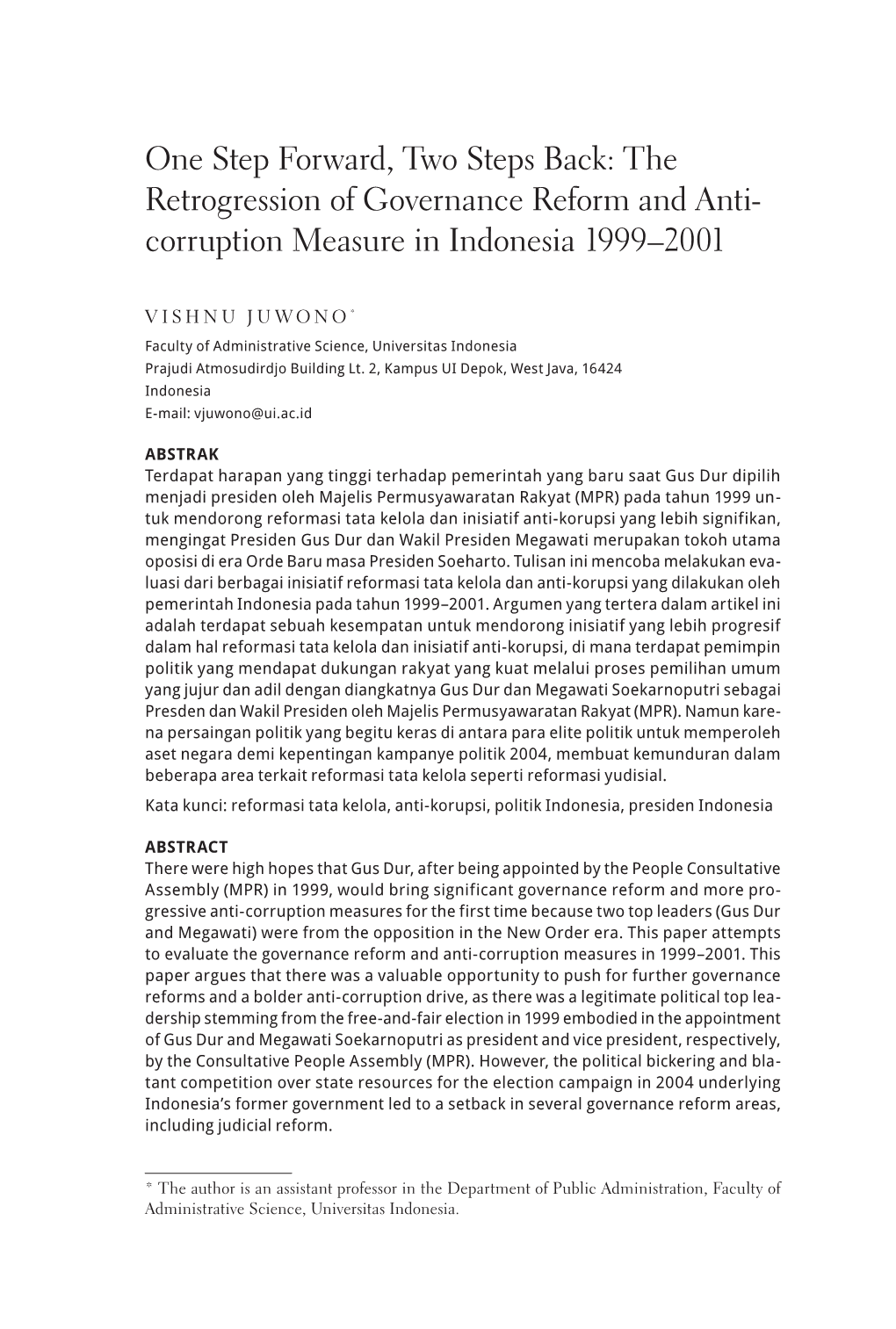 One Step Forward, Two Steps Back: the Retrogression of Governance Reform and Anti- Corruption Measure in Indonesia 1999–2001