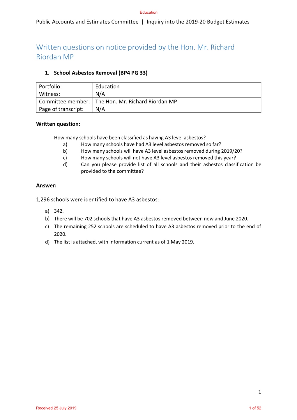 Written Questions on Notice Provided by the Hon. Mr. Richard Riordan MP