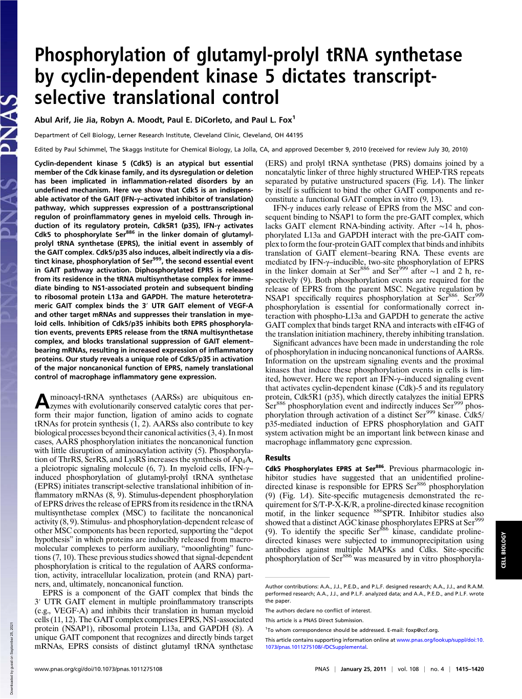 Phosphorylation of Glutamyl-Prolyl Trna Synthetase by Cyclin-Dependent Kinase 5 Dictates Transcript- Selective Translational Control