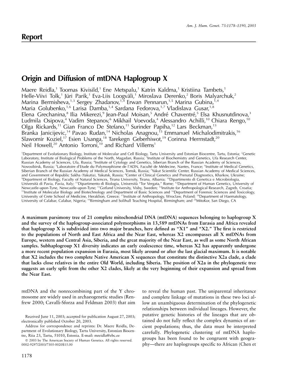 Reidla 2003 Origin and Diffusion of Mtdna Haplogroup X.AJHG
