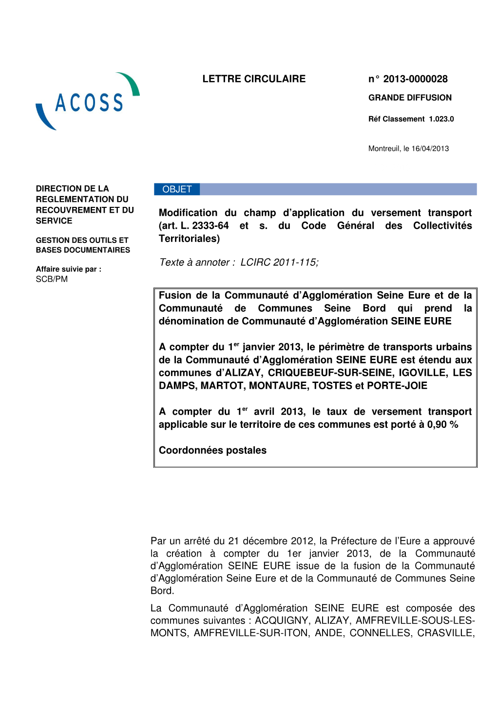 LETTRE CIRCULAIRE N° 20130000028