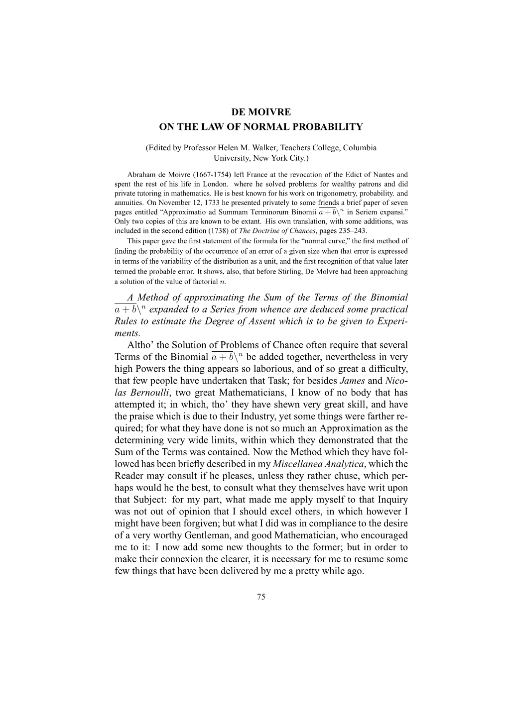 De Moivre on the Law of Normal Probability