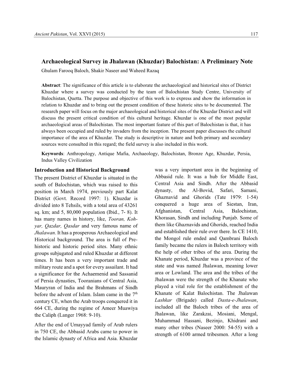 (Khuzdar) Balochistan: a Preliminary Note Ghulam Farooq Baloch, Shakir Naseer and Waheed Razaq