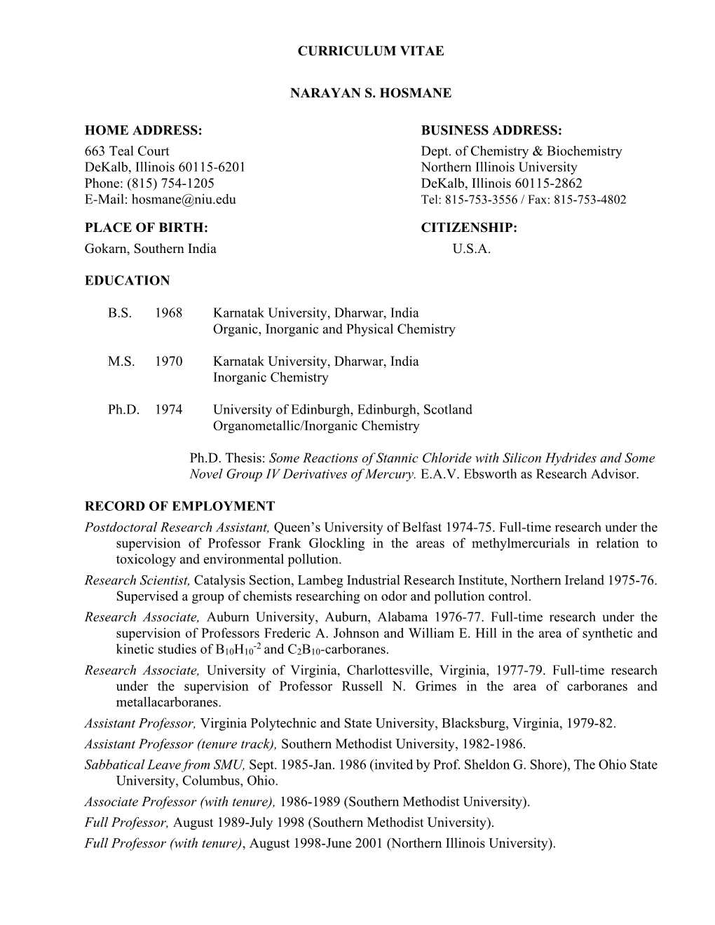 Curriculum Vitae for Narayan S. Hosmane