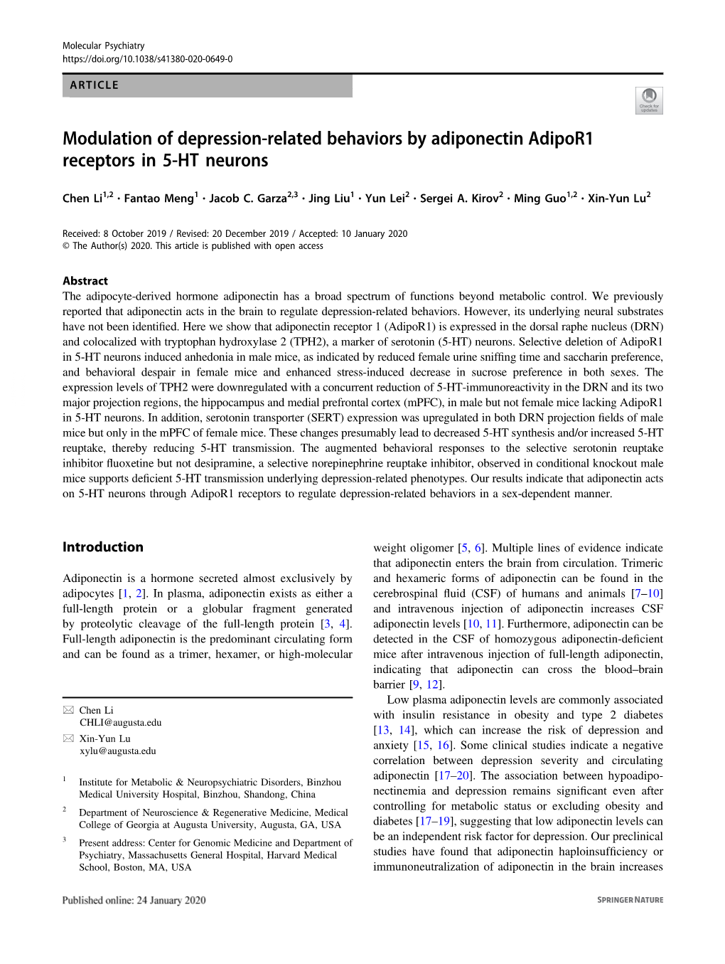Modulation of Depression-Related Behaviors by Adiponectin Adipor1 Receptors in 5-HT Neurons