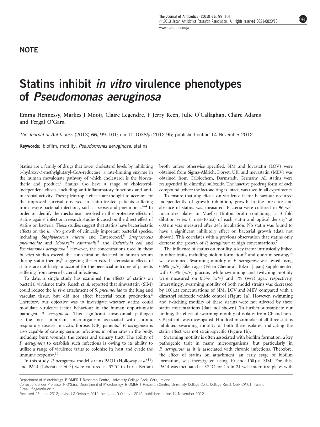 Statins Inhibit in Vitro Virulence Phenotypes of Pseudomonas Aeruginosa