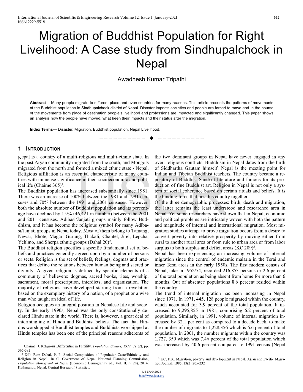 Migration of Buddhist Population for Right Livelihood: a Case Study from Sindhupalchock in Nepal