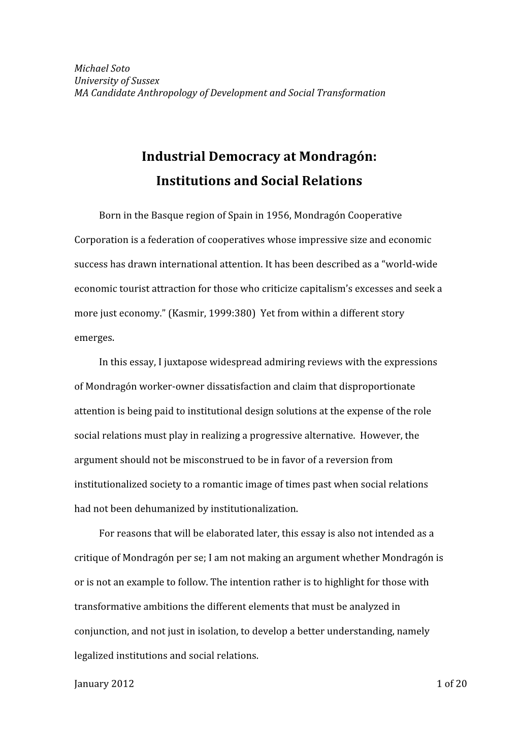 Industrial Democracy at Mondragón: Institutions and Social Relations