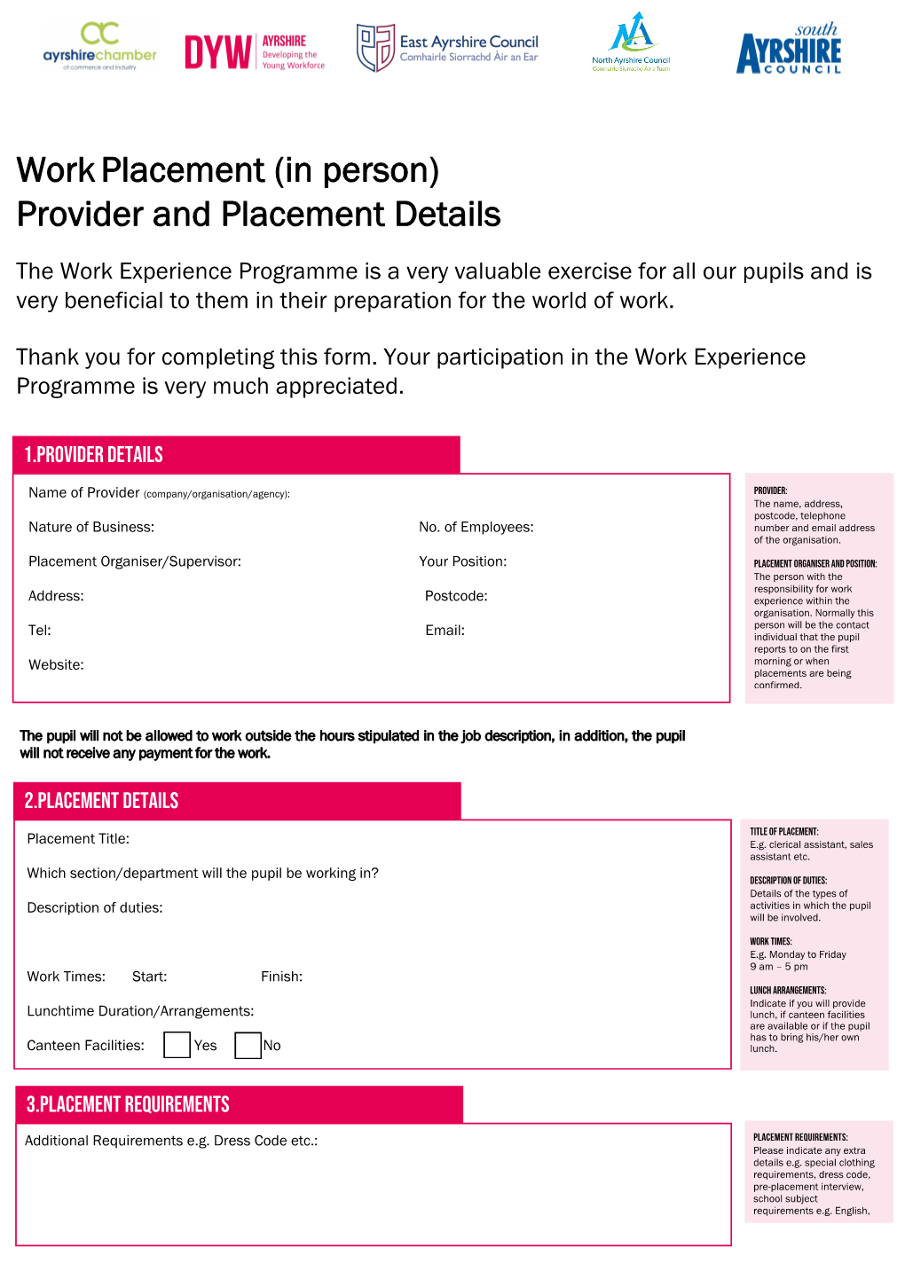 Work Placement (In Person) Provider and Placement Details