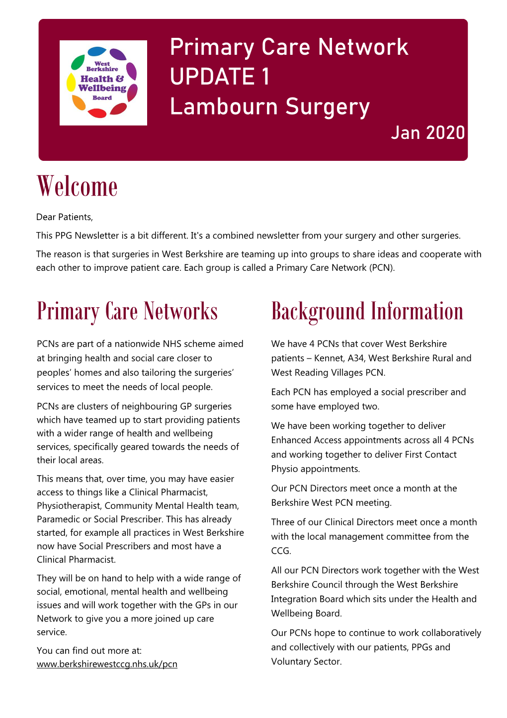 Primary Care Network UPDATE 1 Lambourn Surgery Jan 2020 Welcome