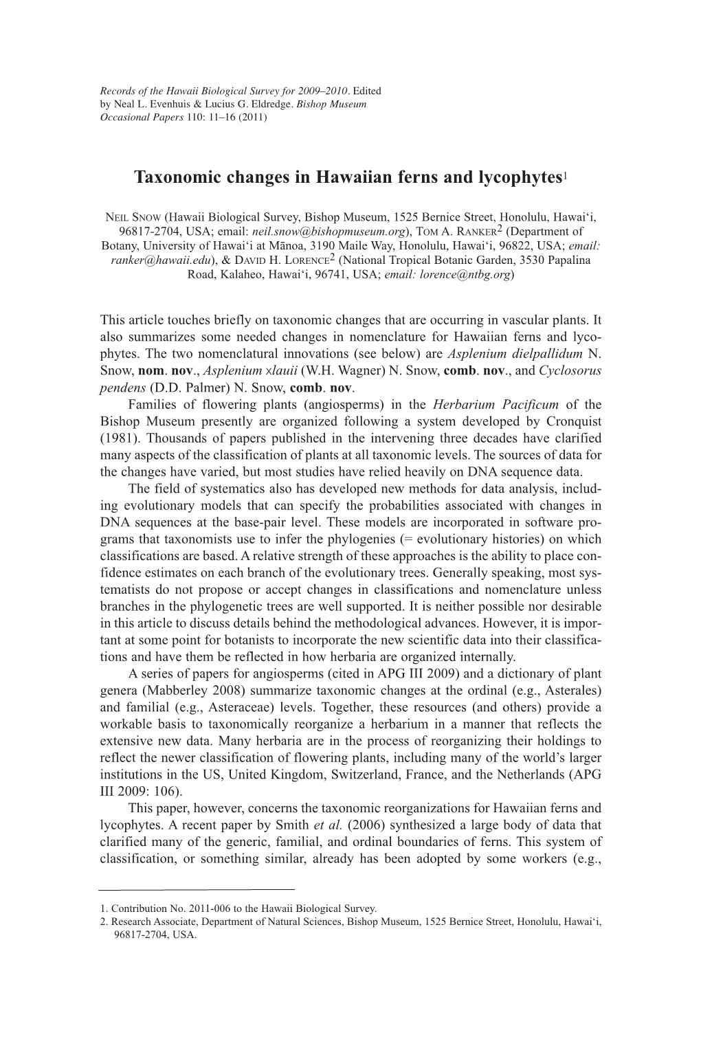 Taxonomic Changes in Hawaiian Ferns and Lycophytes1