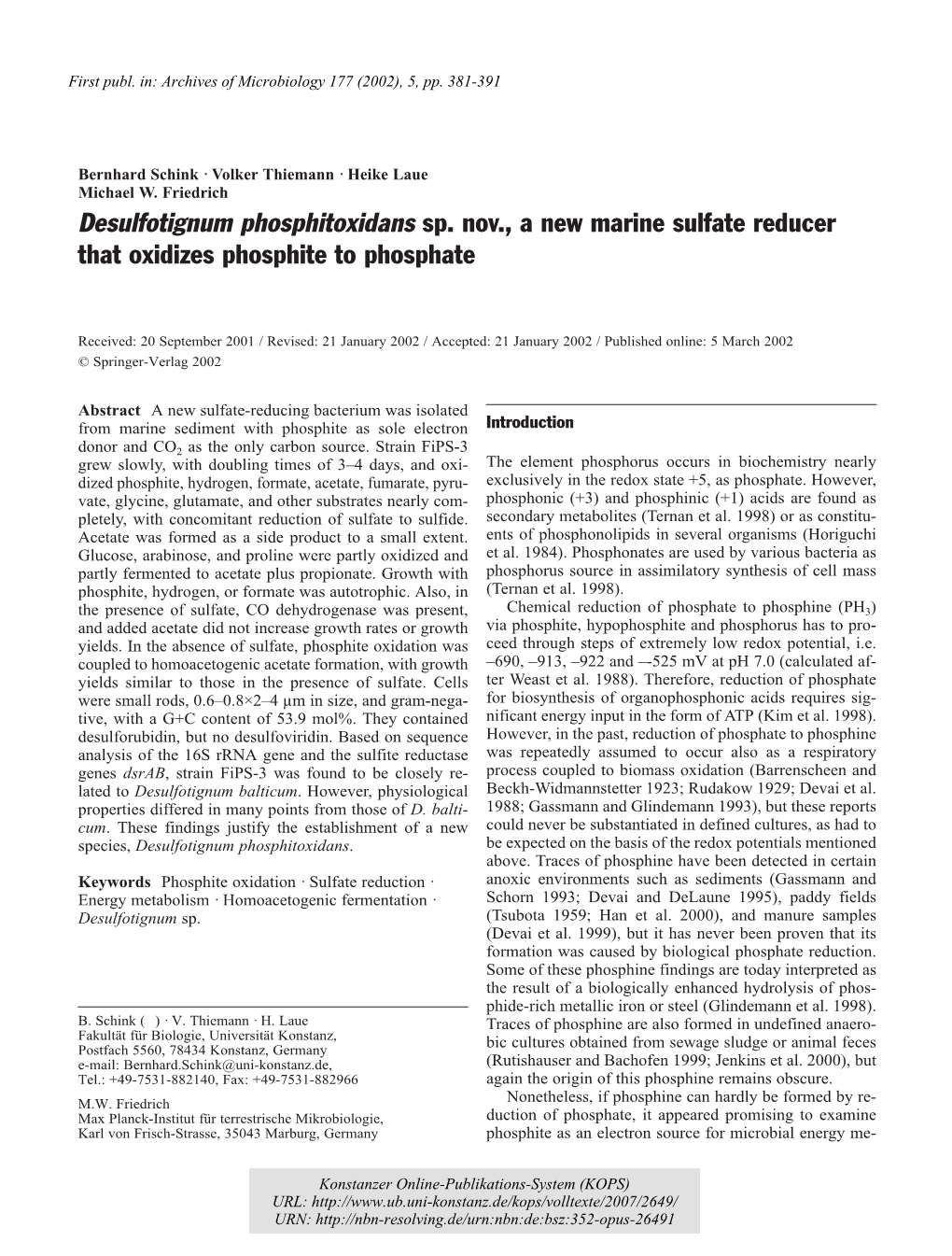 Desulfotignum Phosphitoxidans Sp. Nov. : a New Marine Sulfate Reducer