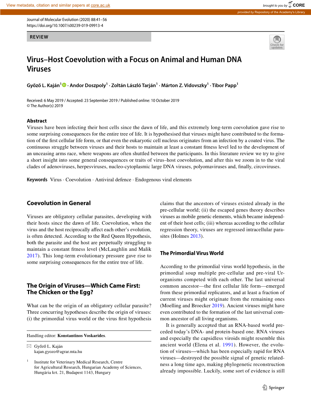 Virus–Host Coevolution with a Focus on Animal and Human DNA Viruses