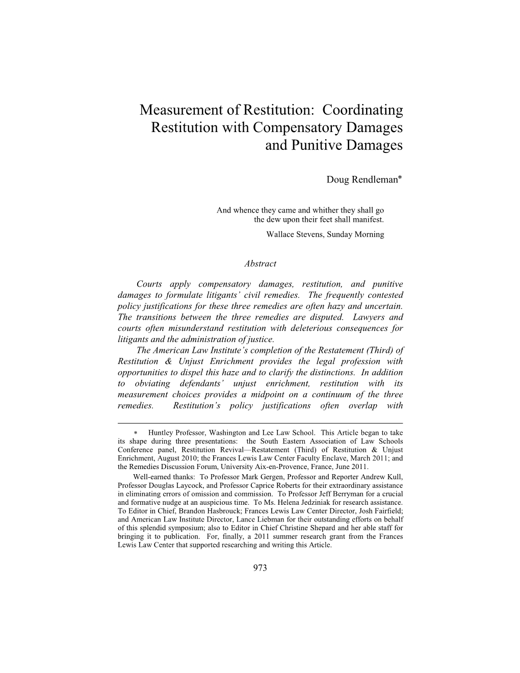 Measurement of Restitution: Coordinating Restitution with Compensatory Damages and Punitive Damages