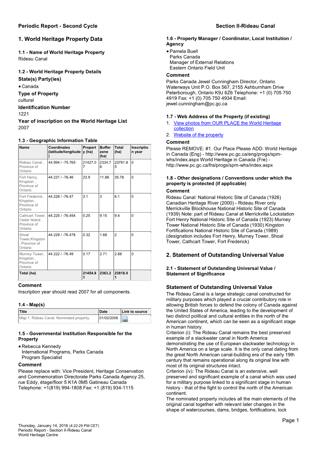 Periodic Report - Second Cycle Section II-Rideau Canal