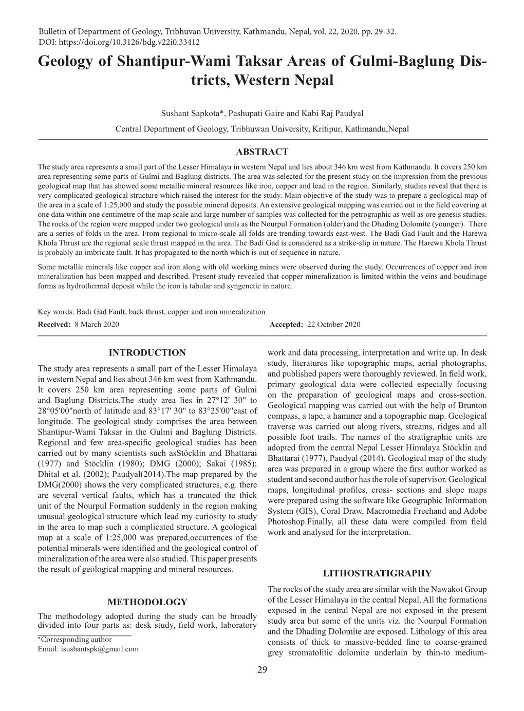 Geology of Shantipur-Wami Taksar Areas of Gulmi-Baglung Districts