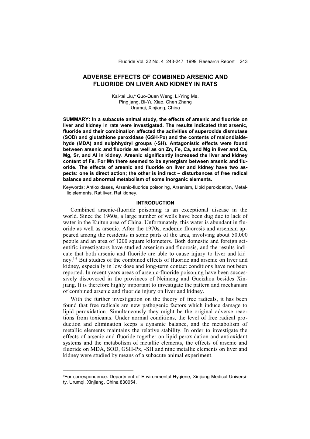 Adverse Effects of Combined Arsenic and Fluoride on Liver and Kidney in Rats