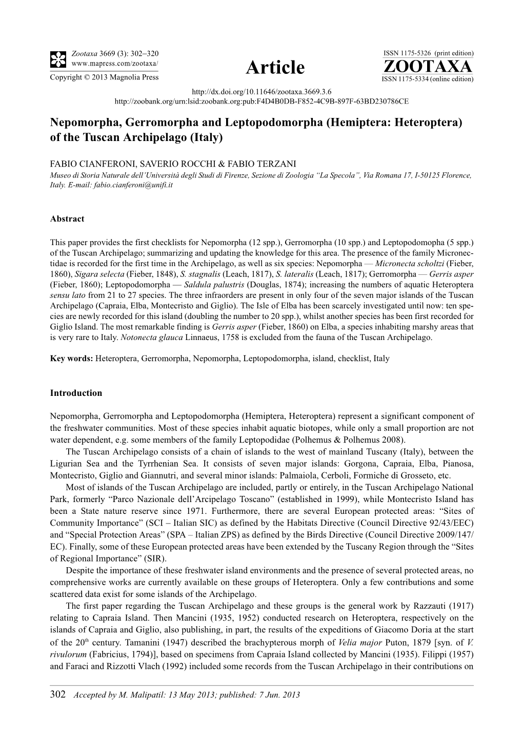 Nepomorpha, Gerromorpha and Leptopodomorpha (Hemiptera: Heteroptera) of the Tuscan Archipelago (Italy)