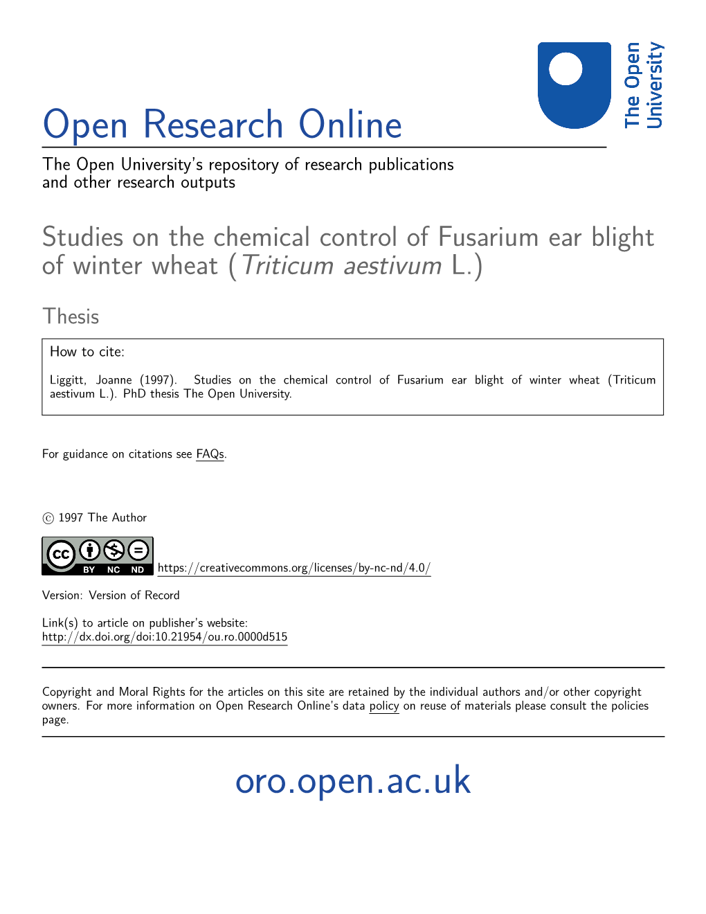 Studies on the Chemical Control of Fusarium Ear Blight of Winter Wheat (Triticum Aestivum L.)