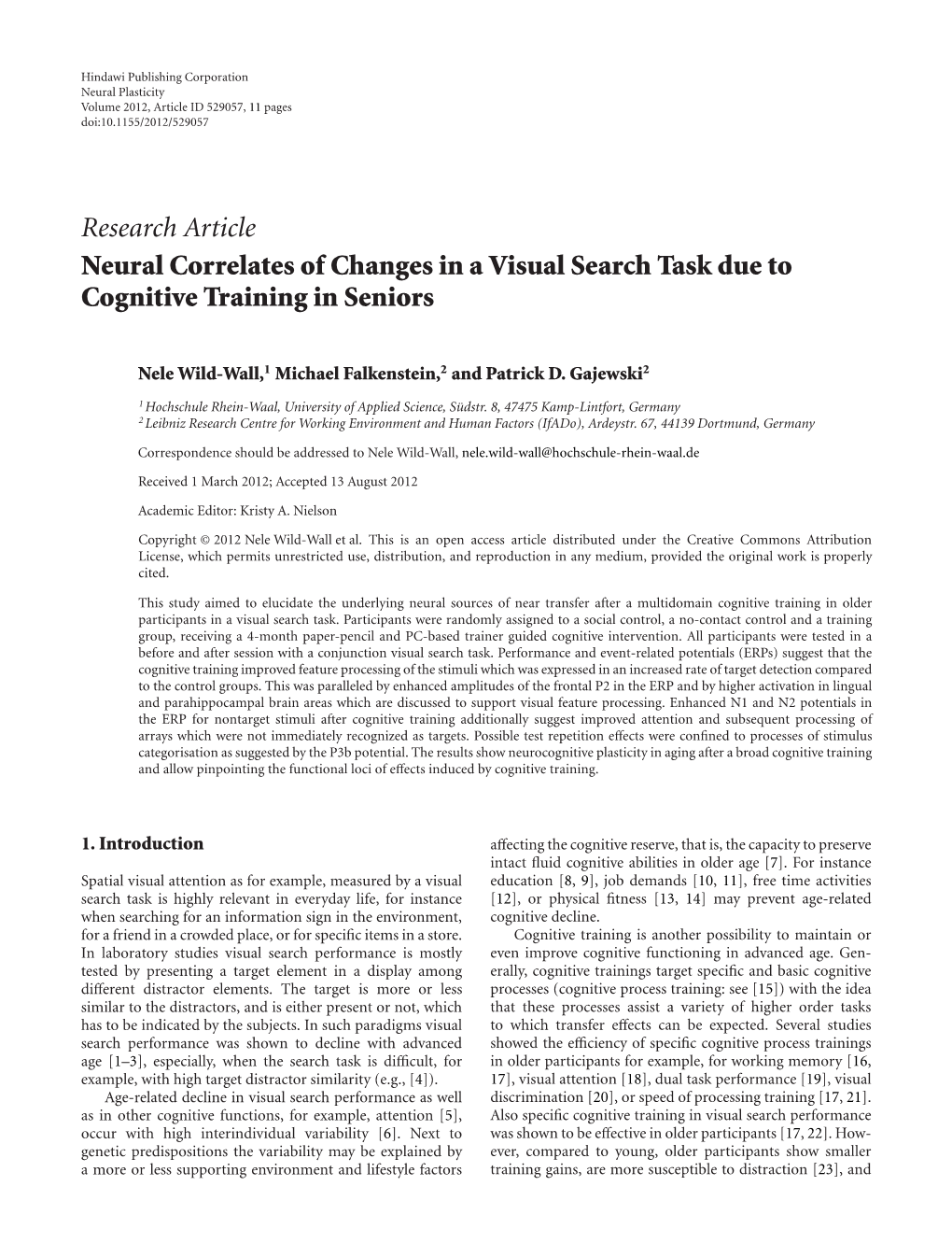 Research Article Neural Correlates of Changes in a Visual Search Task Due to Cognitive Training in Seniors