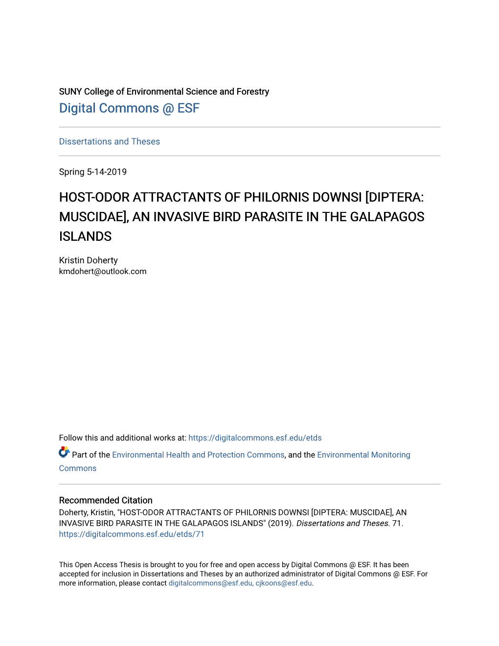 Host-Odor Attractants of Philornis Downsi [Diptera: Muscidae], an Invasive Bird Parasite in the Galapagos Islands