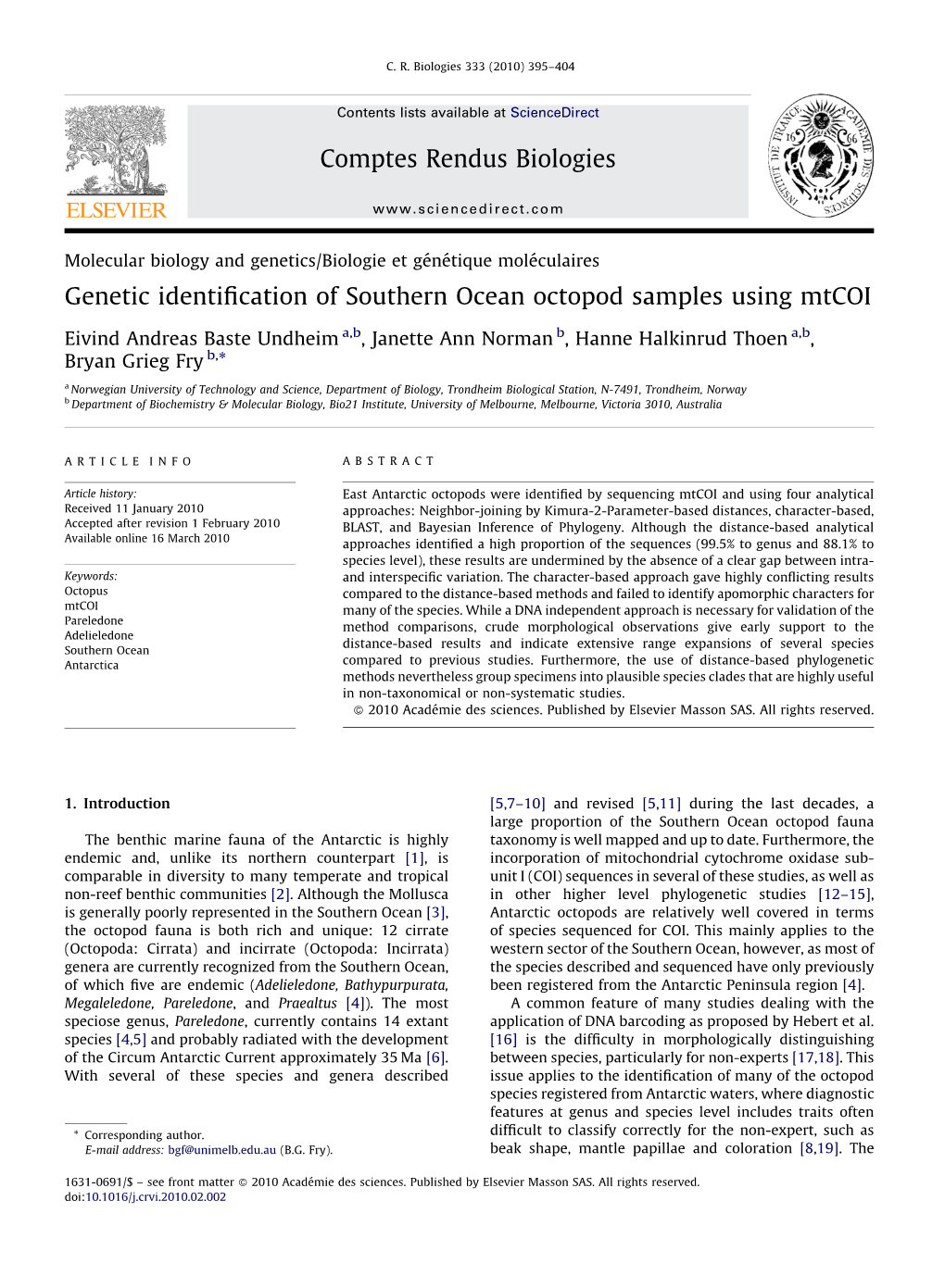 Genetic Identification of Southern Ocean Octopod Samples Using Mtcoi