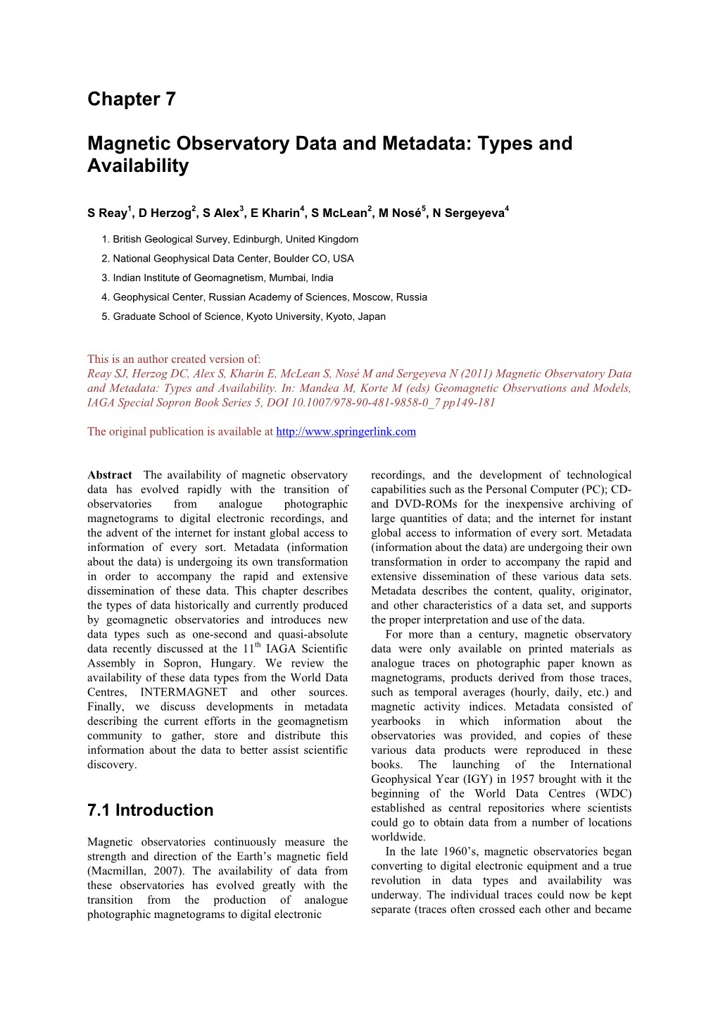 Chapter 7 Magnetic Observatory Data and Metadata