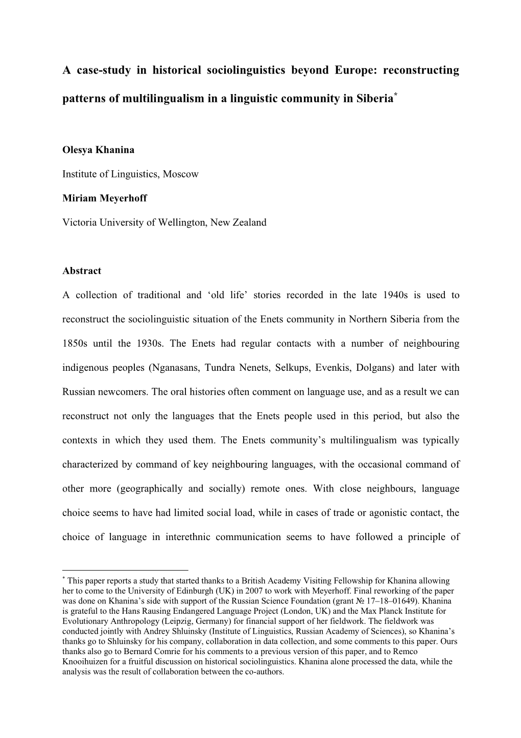 A Case-Study in Historical Sociolinguistics Beyond Europe: Reconstructing Patterns of Multilingualism in a Linguistic Community in Siberia*