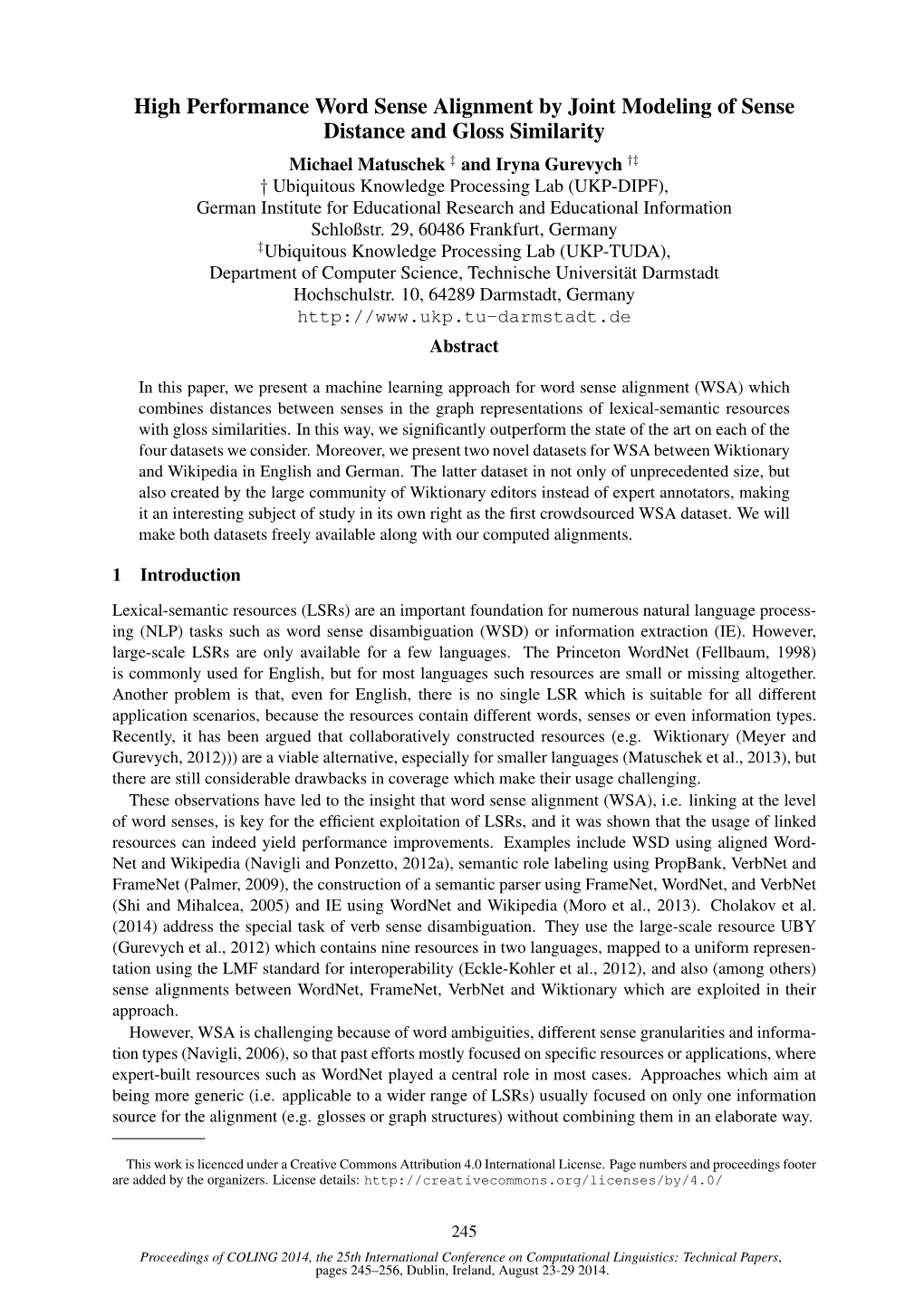 High Performance Word Sense Alignment by Joint Modeling of Sense Distance and Gloss Similarity