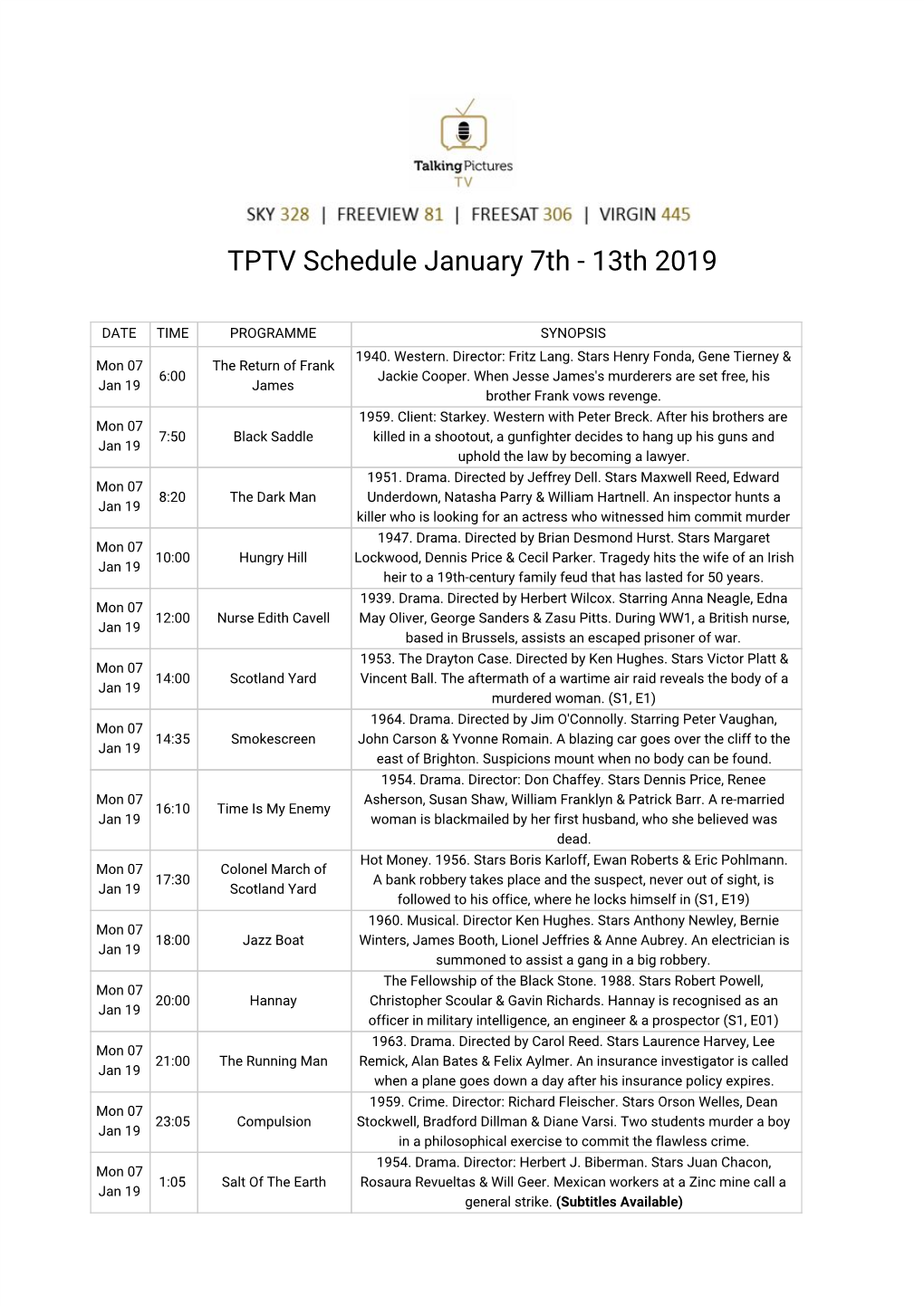 TPTV Schedule January 7Th - 13Th 2019
