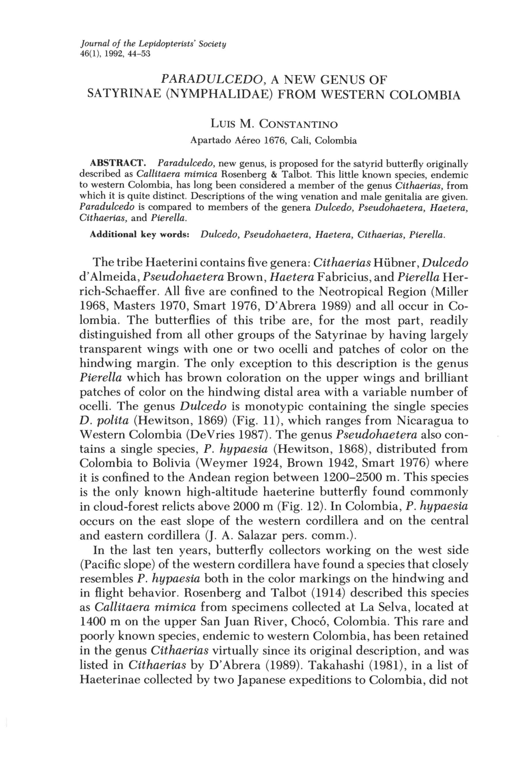 Paradulcedo, a New Genus of Satyrinae (Nymphalidae) from Western Colombia