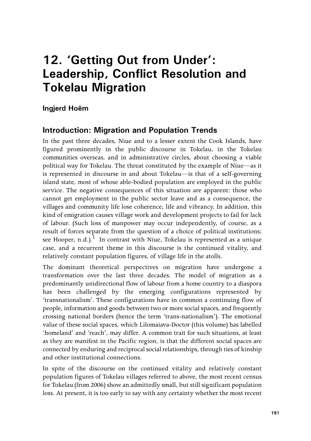 Leadership, Conflict Resolution and Tokelau Migration