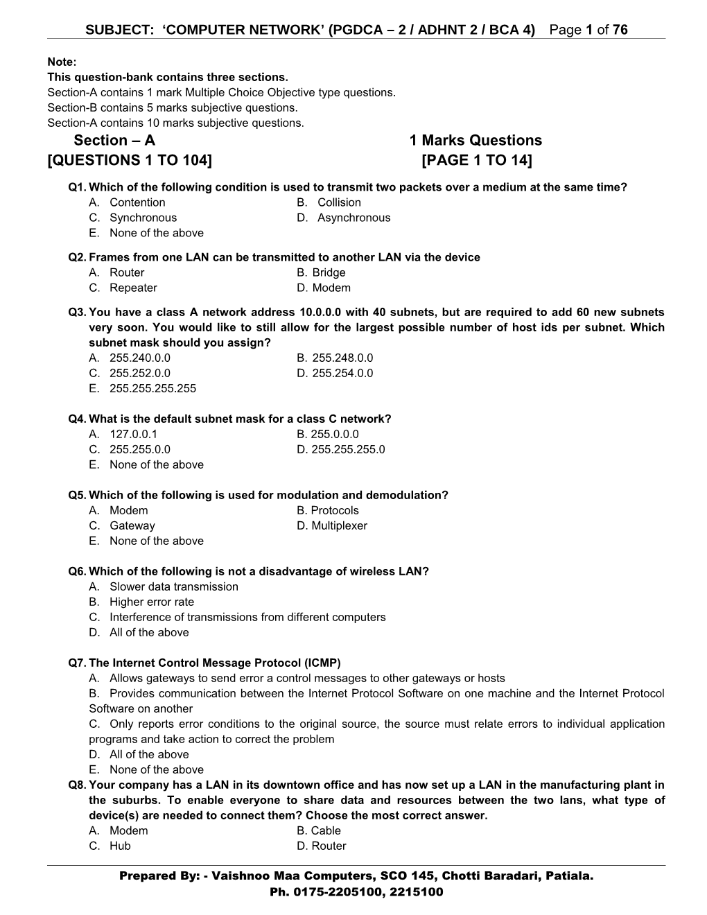 SUBJECT: COMPUTER NETWORK (PGDCA 2 / ADHNT 2 / BCA 4) Page 73 of 73