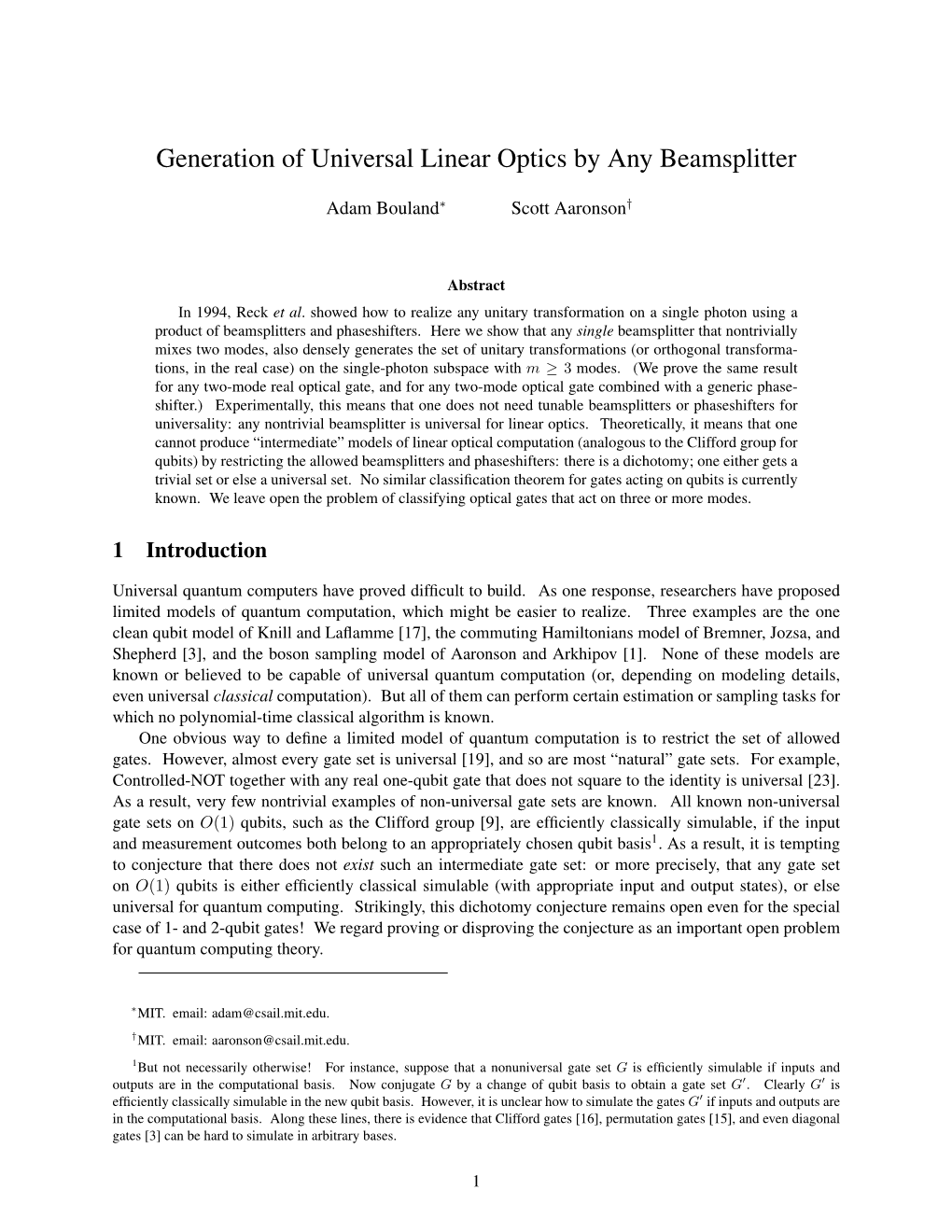 Generation of Universal Linear Optics by Any Beamsplitter
