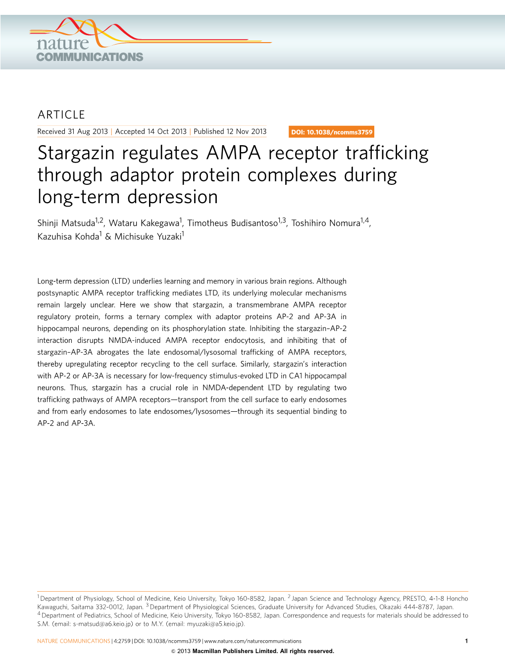 Stargazin Regulates AMPA Receptor Trafficking Through Adaptor Protein