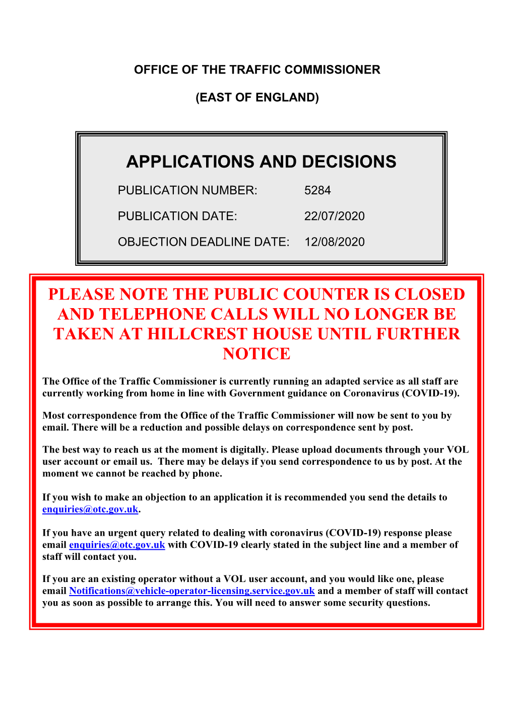 Applicaitons and Decisions for the East of England