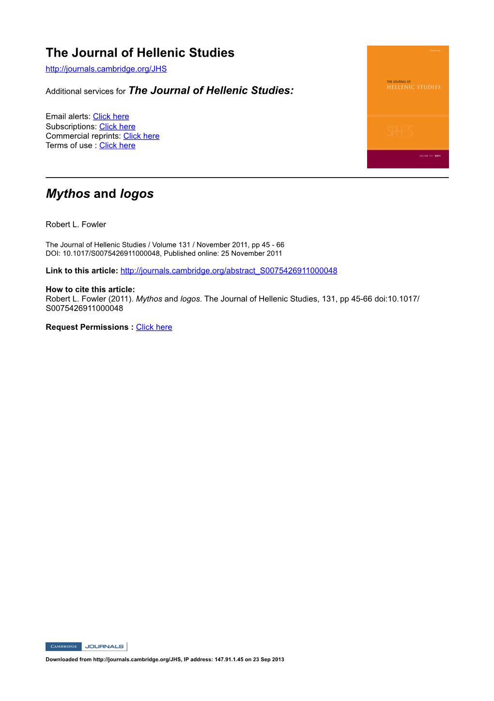 The Journal of Hellenic Studies Mythos and Logos